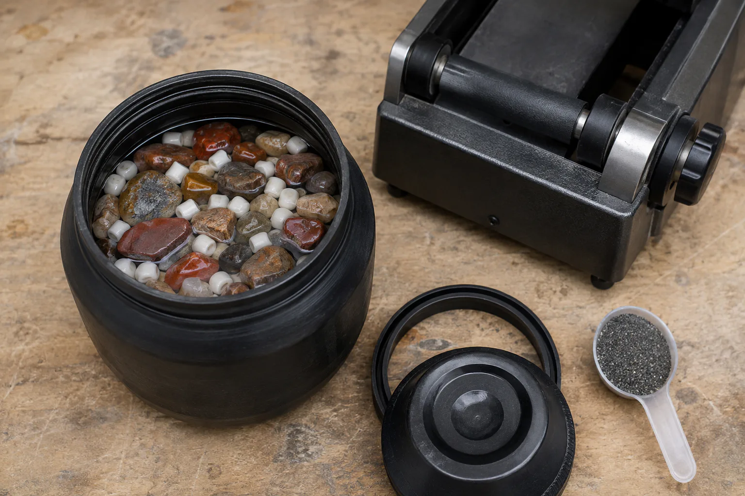 Correct rock tumbler barrel load with rocks, ceramic media, water, and grit