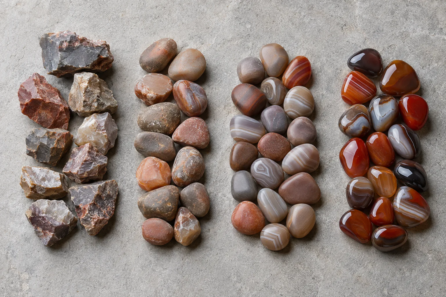 Four stages of rock tumbling from rough stones to glossy polish
